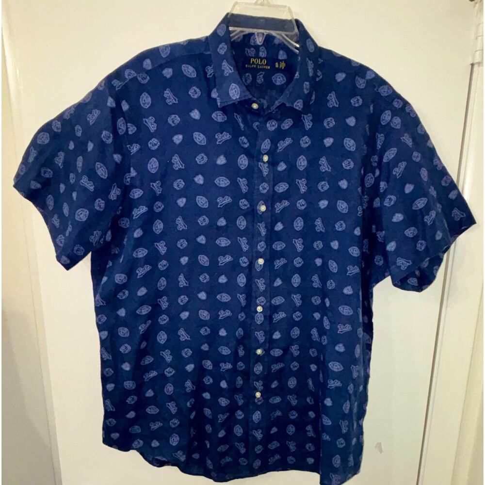 POLO Ralph Lauren 100% Linen M XL/TG Summer Navy Polo Print Short Sleeve Shirt